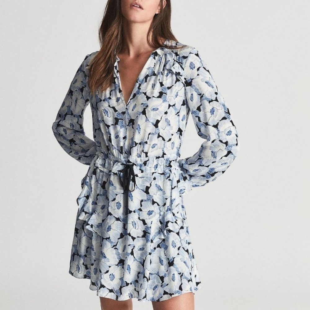 Reiss Blue and White Floral Long Sleeve Dress